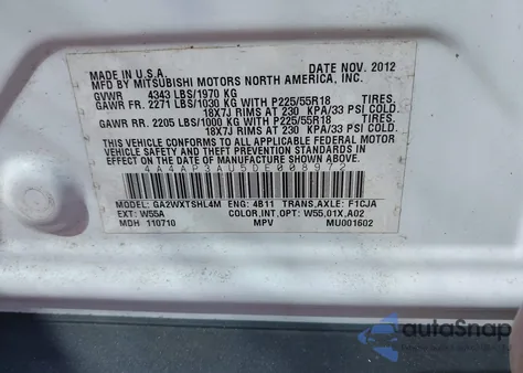 2013 Mitsubishi Outlander Sport Es z USA, uszkodzony, nr VIN 4A4AP3AU5DE008972